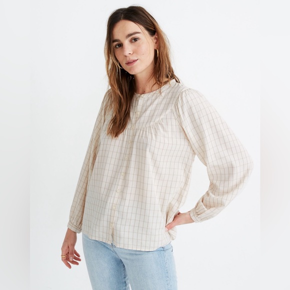 ✨NWT✨ Madewell Balloon Sleeve Button-down Peasant Top in Windowpane - Picture 2 of 11